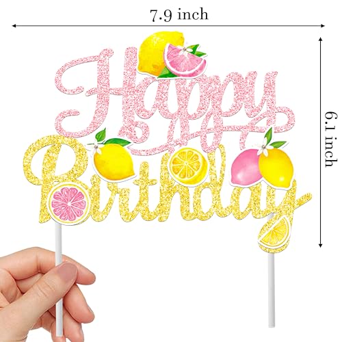 Pink & Gold Glitter Lemon Happy Birthday Cake Topper