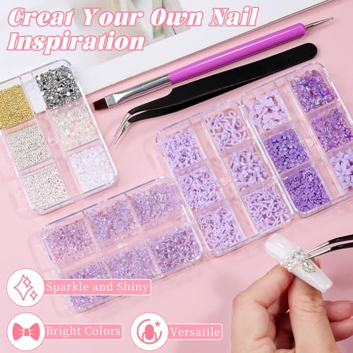 3D Bow & Flower Nail Charms Kit with Rhinestones and Pearls, 4 Boxes
