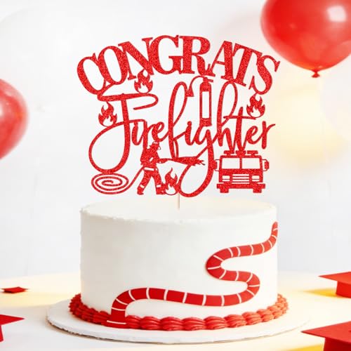 2026 Firefighter Graduation Cake Topper - Red Glitter Decor