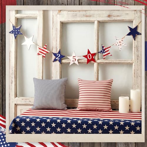 Chumia Patriotic Wooden Star Garland Red White and Blue Bunting for 4th of July