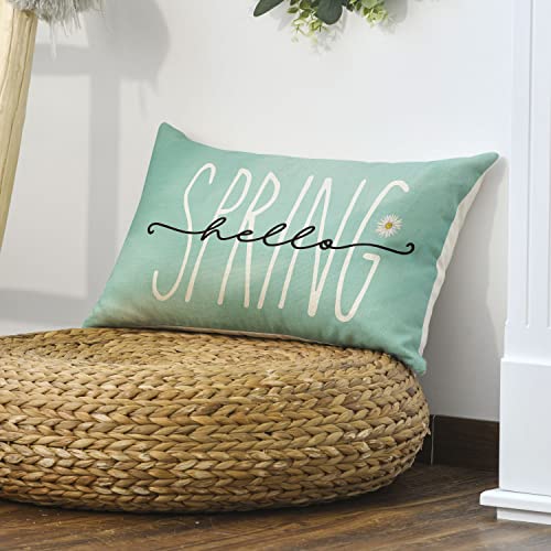 Hello Spring Bluish Green Throw Pillow Cover, 12x20 Inch