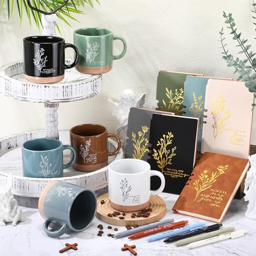 Bohemian Christian Gift Set - 6 Ceramic Mugs, Notebooks & Ballpoint Pens - Thanksgiving Religious Gifts