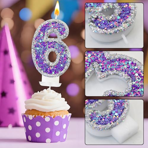 Lurevian Silver-Purple Fantasy Number 6 Birthday Candle with Glitter Star Fill, Cake Topper