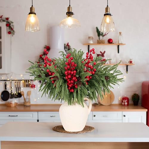 Artificial Norfolk Pine Branches with Red Berries - 12 Pack, 17.7" Christmas Decor