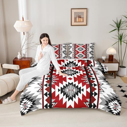 Jejeloiu Boho Kids Full Bedding Set Aztec Design Dark Gray Red 3-Piece
