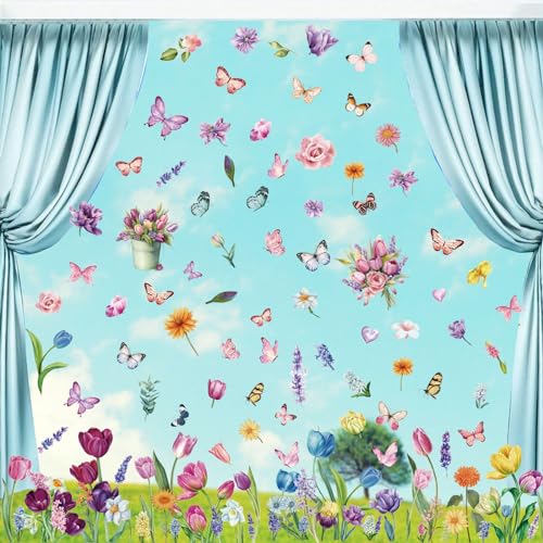 i-Beeboo Spring Flower Window Clings Removable Floral Decals for Home