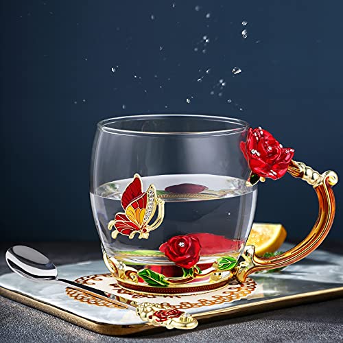 WD&CD Rose Butterfly Glass Tea Coffee Mug Set with Spoon & Coaster - Red Short