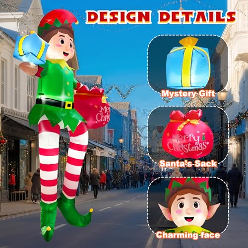10FT Sitting Elf Inflatable Christmas Yard Decoration with LED Lights - Buddy the Elf with Gift Bag