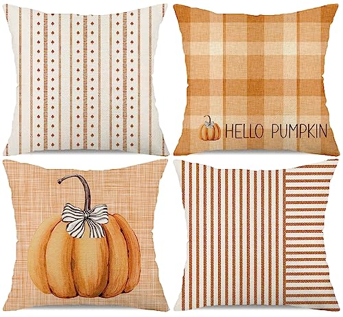 Farmhouse Fall Throw Pillow Covers Set of 4 - 18x18 Inch Pumpkin Design