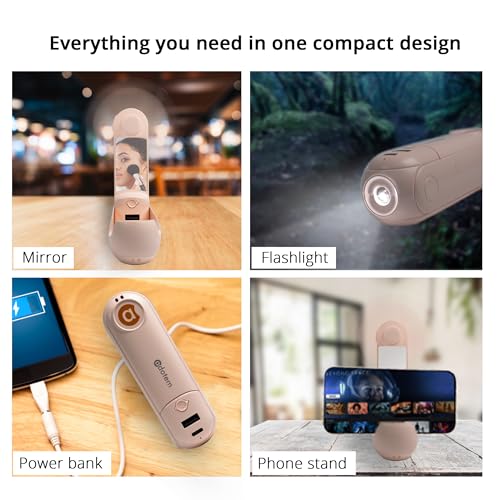 ADOTEM Pink 4-in-1 Portable Handheld Fan with Power Bank, Mirror & Flashlight