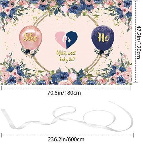 Navy and Blush Floral Gender Reveal Backdrop Banner - 70.8 x 47.2 in