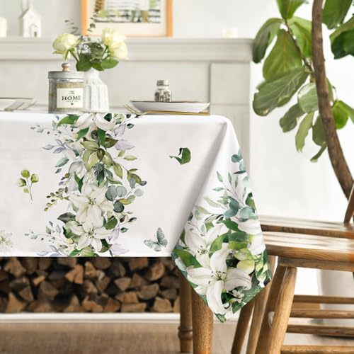 Spring Summer Eucalyptus Table Cloth 52x70 Inch Rectangular White - Durable Home Decor