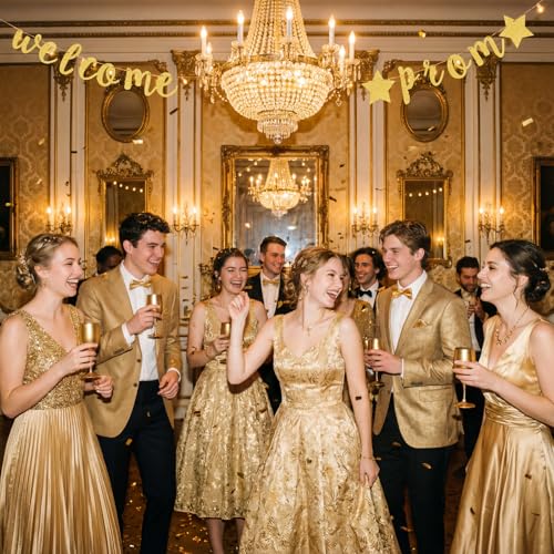 Welcome Prom Gold Glitter Banner Decoration with Stars Photo Prop