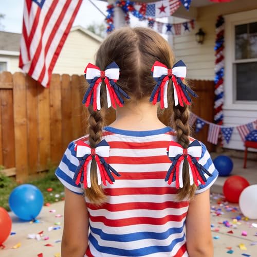 Doneace Independence Day Hair Bow Clips - 2 Pcs Red White Blue Curly Ribbon Hairpins for Girls
