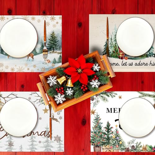 Christmas Placemats Set of 4 - Farmhouse Jesus Elk Bell Holiday Table Decor - Bible Variation