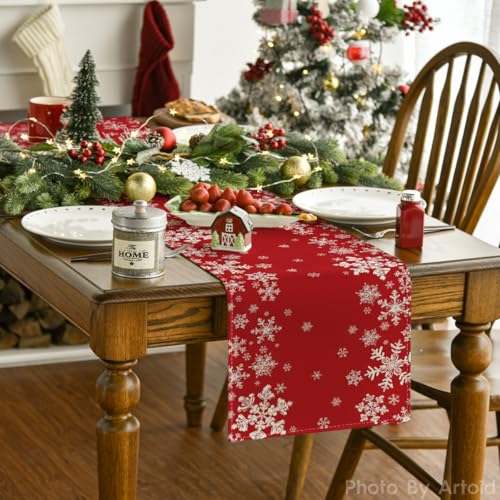 Snowflake Winter Table Runner 13x72 Inch Home Decor Party Tablecloth - Red