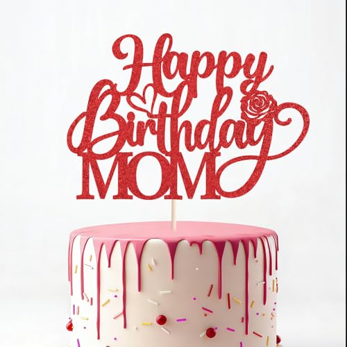 Red Glitter Happy Birthday Mom Cake Topper - Mother's Day Decor