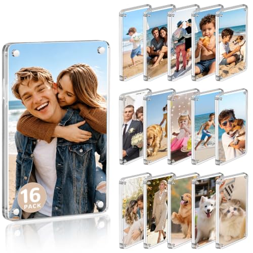 16 Pack Acrylic Magnetic Picture Frames for Fridge - Dual-Sided