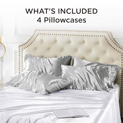 Bedsure Satin Pillowcase Set of 4 - Queen 20x30 Inches Silver Grey