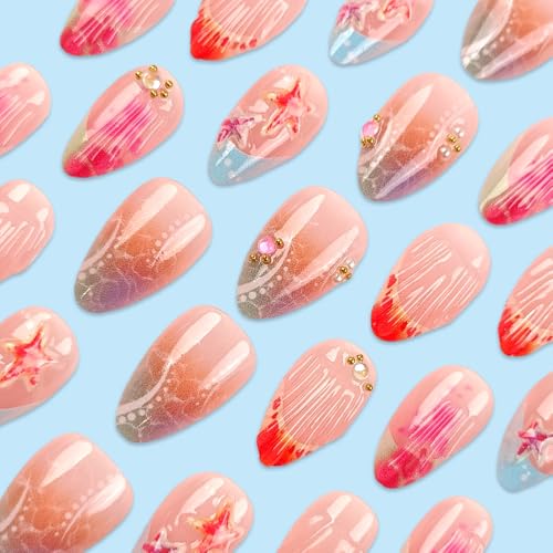 Pink Press on Nails Short Almond Fake Nails with Gold Beads 24Pcs