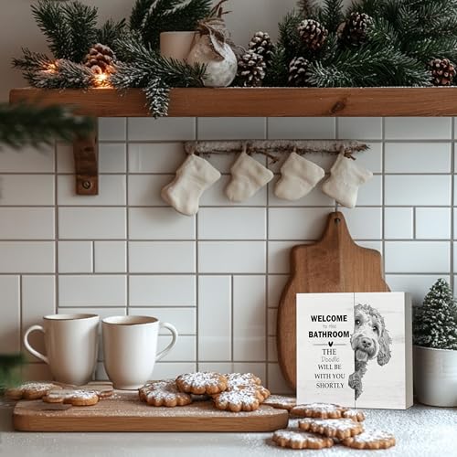 DAYOUER Black & White Goldendoodle Wooden Bathroom Sign - Funny Dog Decor, 5x5 Inches, Variation: Golden Doodle4
