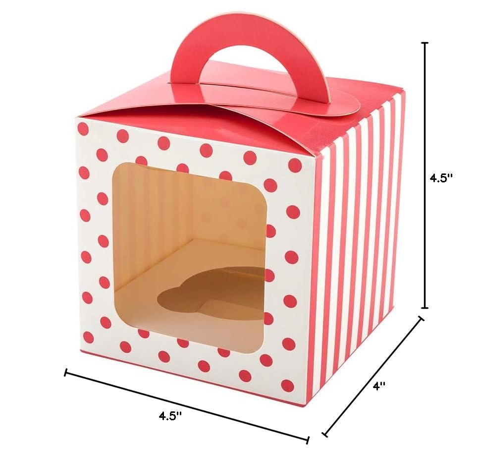 Restaurantware Pastry Tek 4.5 Inch Individual Cupcake Boxes 100 Polka Dots Cupcake Favor Boxes - Fits 1 With Window Pink Paper Cupcake Gift Boxes Built In Handle For Weddings Or Parties