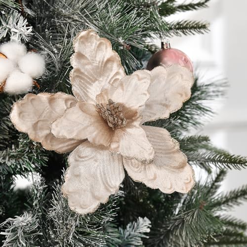 Champagne Poinsettia Christmas Flower Picks Set - Glitter Silk Decorations