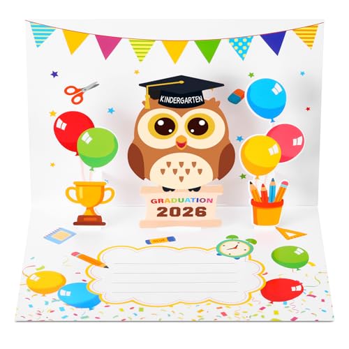 Kindergarten Graduation Pop-Up Card 2026 with Owl & Balloons