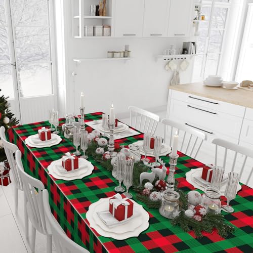 Christmas Plastic Plaid Tablecloth Set - Red & Green Buffalo Check, 54x108 Inches, 6 Pack