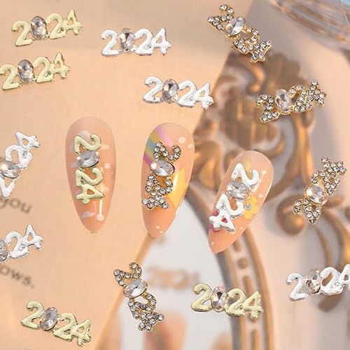 FIEONCIY 2024 Number Nail Rhinestones 3D Alloy Metal Digit Charms - 14Pcs
