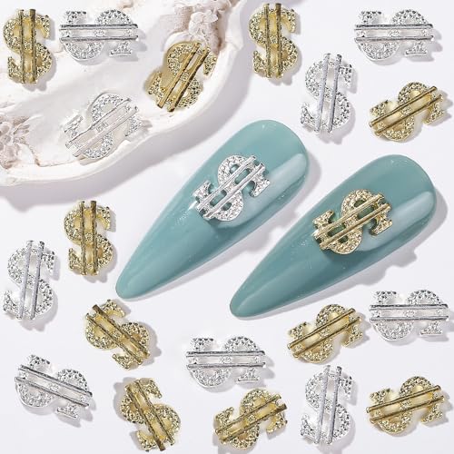 Cagzzee 3D Metallic Dollar Sign Nail Charms, Gold and Silver, 50 Pcs