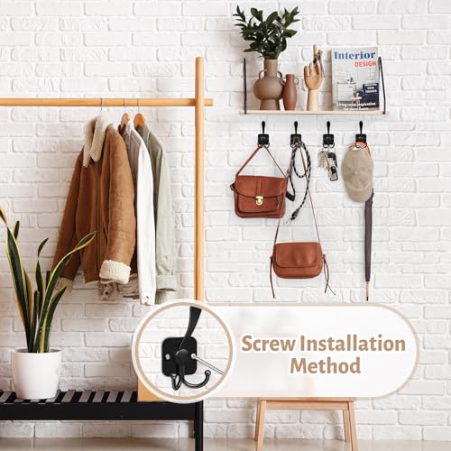 VIS'V Heavy Duty 3 Prong Coat Hooks - Wall Mount Adhesive & Screws, Black, 4 Pcs