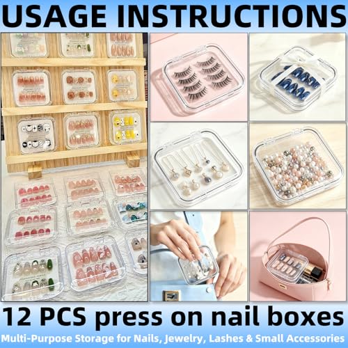 12 Pcs Clear Acrylic Press-On Nail Storage Boxes with Adhesive Tape