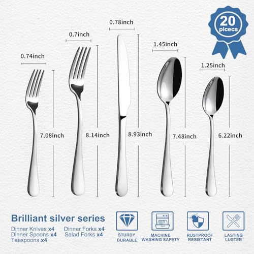 BEWOS 20-Piece Stainless Steel Silverware Set - Silver Flatware for 4