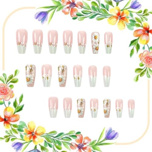 Daisy French Tip Long Ballet Press On Nails - 24 Pcs Floral Fake Nails