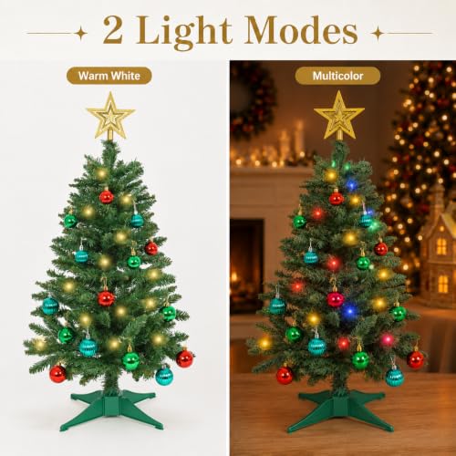 Green 3ft Artificial Christmas Tree with 9 Lighting Modes - Mini Tabletop Xmas Tree