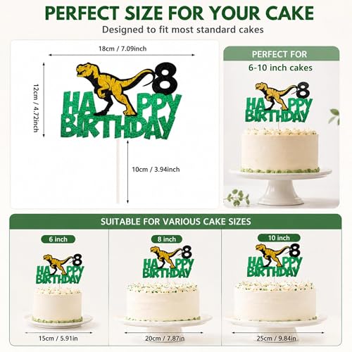 Dinosaur 8th Birthday Cake Topper - Glitter T-Rex Decoration