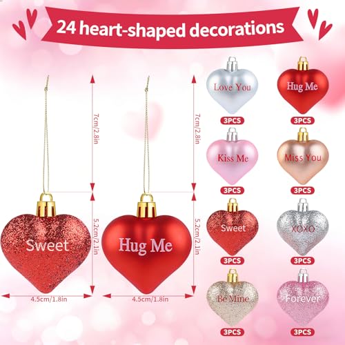 YIYA 24 Pcs Valentine's Day Heart Ornaments Glitter Shaped