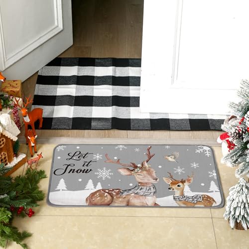 Christmas Doormat Set with Reindeer & Buffalo Plaid Layered Entry Rugs - Let It Snow Variation