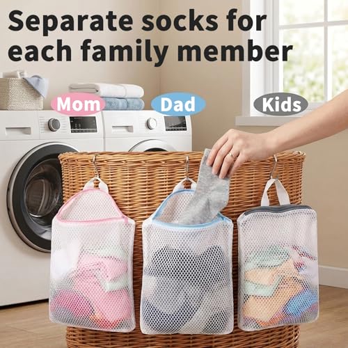 3Pcs Mesh Laundry Bags for Socks with S Hooks, 12x10 Inch, Multi-Color Set - Cociat