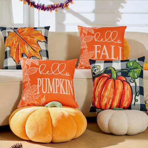 Hongsome Fall Decor Pumpkin Linen Throw Pillow Covers Set of 4 18x18in