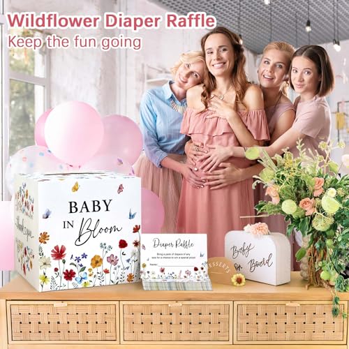 Baby Shower Diaper Raffle Box with 50 Tickets Wildflower Design Gift Set