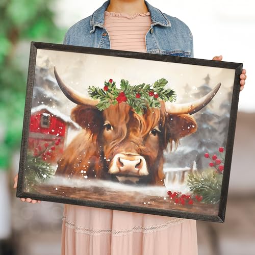 Christmas Highland Cow Yak Wood Decor Sign - Rustic Farmhouse Wall Art - 24 x 18 Inch - Made in USA - Christmas Yak Variation