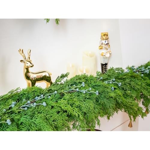6FT Cedar Garland with Blue Berry Cypress Pine Garland Realistic for Mantle Stairs Fireplace Wall Window Front Door Indoor Outdoor Christmas Decor Xmas Decorations