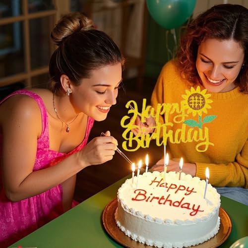 Sunflower Happy Birthday Cake Topper - Gold Glitter Decor
