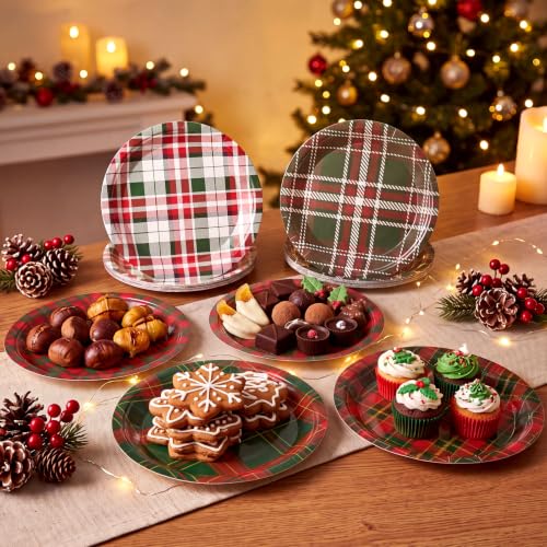Christmas Plaid Paper Plates Set 120 Pcs - Red, Green, White, 7 Inch