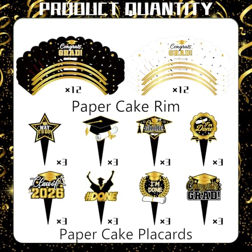 2025 Graduation Cupcake Toppers & Wrappers - Black Gold Set