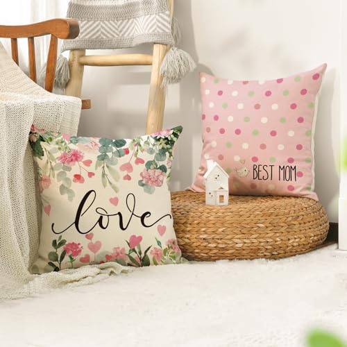 AVOIN colorlife Mother's Day Pink Throw Pillow Covers - Set of 4, 18x18 Inch Floral Cushion Cases for Sofa
