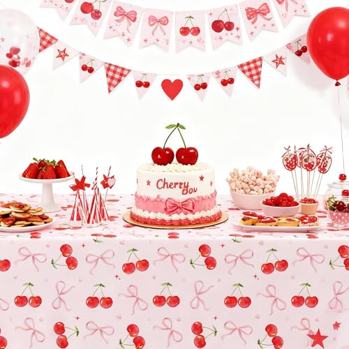 Cherry and Bows Party Tablecloth, 3-Pack Disposable Table Covers, 86x55"