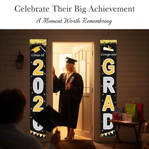 Class of 2026 Graduation Banner - Black & Gold Porch Decor 70" x 11"